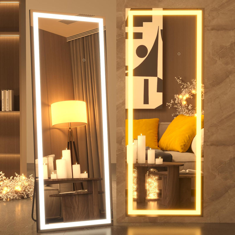 Full-length mirror with light, full-length dressing stationary, 65" x 22", Black