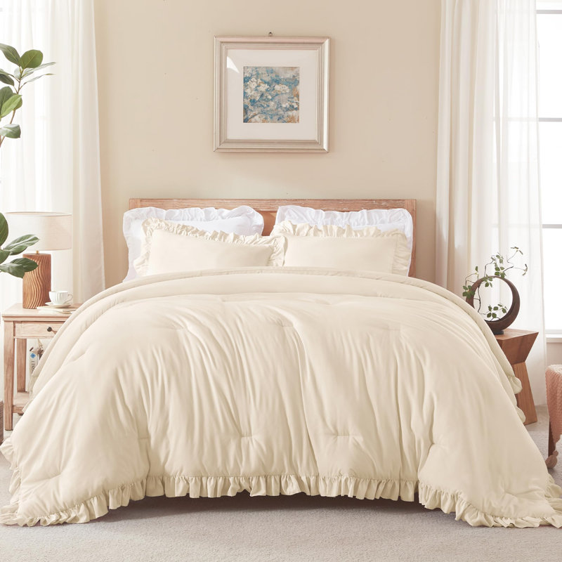Andency Oversized King Comforter Set 128x120, 3 Pieces Beige Ruffle Shabby Chic Famhouse Bedding Set for Women, Lightweight Fluffy Super King Plus Bed Set for Girls