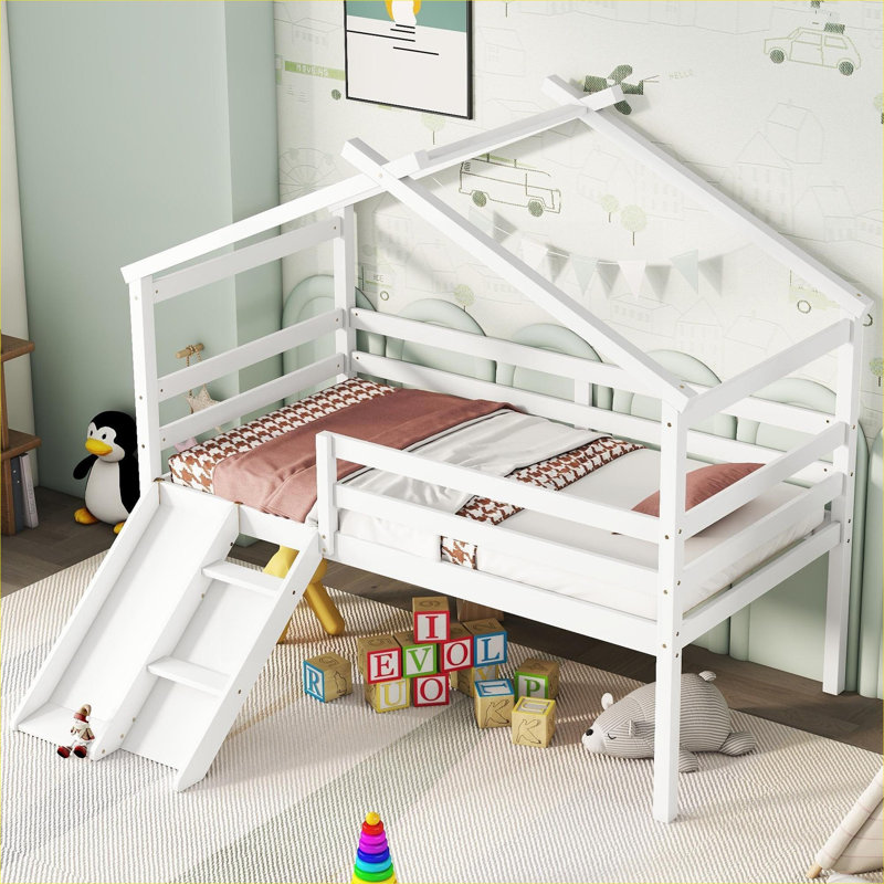 Structure de lit simple de style mezzanine simple avec glissade et échelle, style pin blanc massif