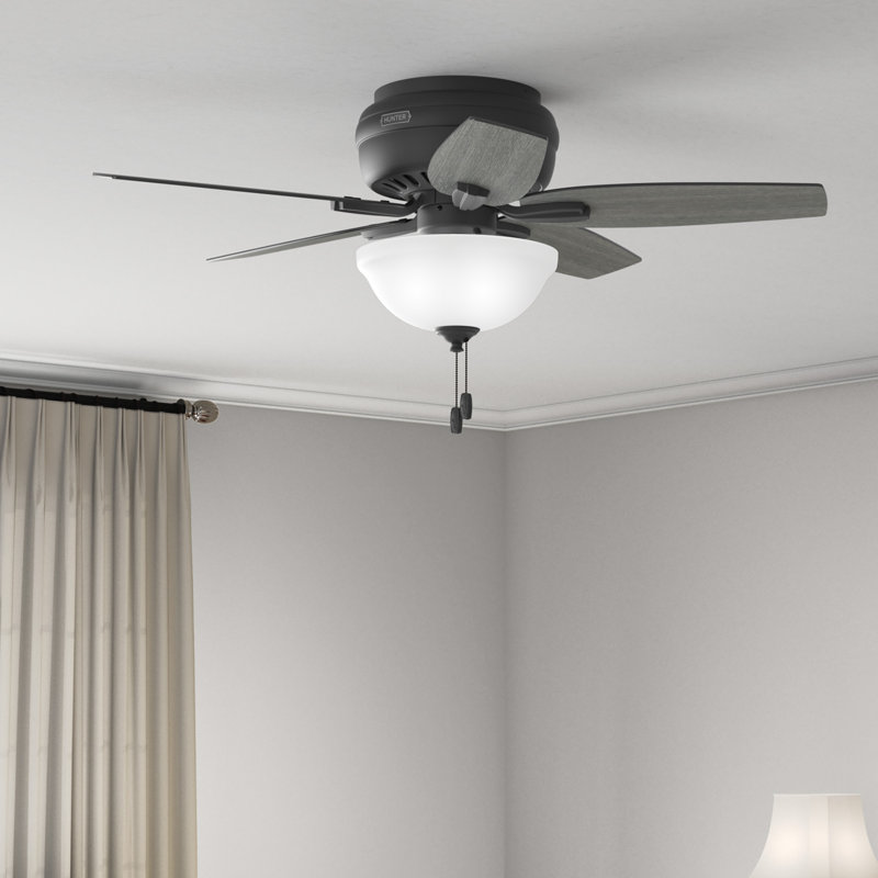 Newsome 42" 5 - Blade Traditional Flush Mount Indoor Ceiling Fan with Lights and Pull Chains, Matte Black