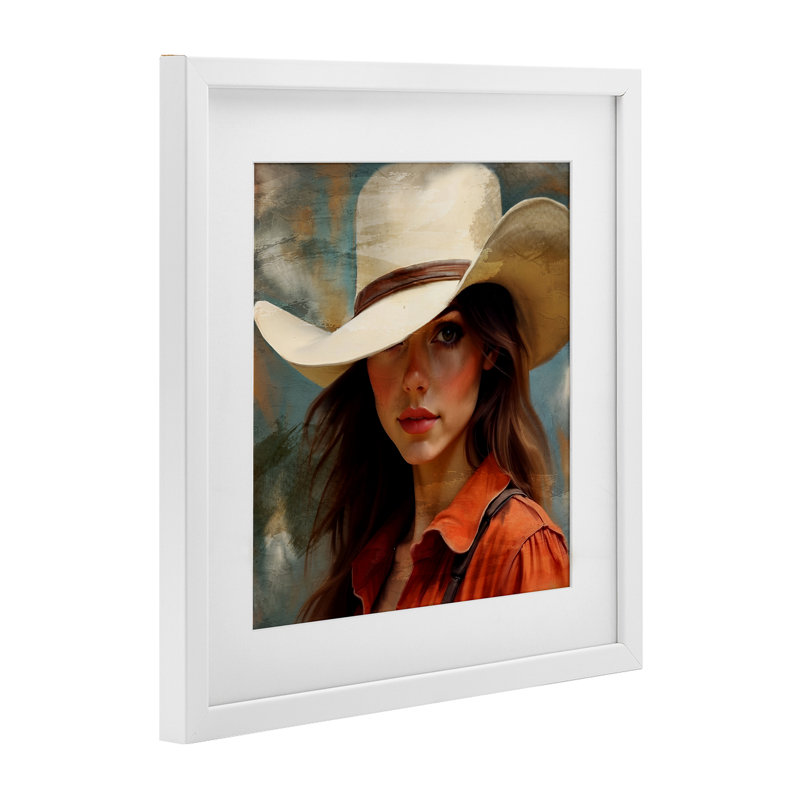 «Cowgirl Gaze Beneath Hat», reproduction encadrée sous verre, conception de Kim Allen, H 13 po x l 13 po, Cadre blanc côtier