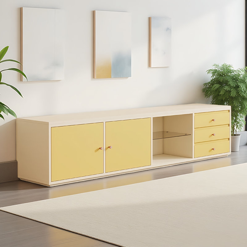 Meuble télé simple, tendance et créatif, Blanc cassé / jaune