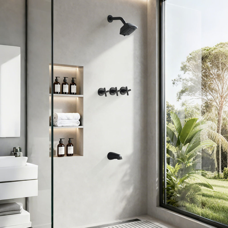Système de douche mural avec bec de baignoire, robinet de douche de 5 pouces, ensemble de garniture de douche à 3 poignées en laiton avec valve brute