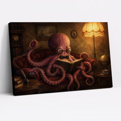 «Pink Octopus», lecture de livres sur un canapé rouge, art sur toile