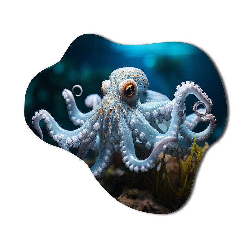 Blue Octopus Serene submersion - Sculpture murale asymétrique en métal Octopus, H 25 po x l 28 po x P 1 po