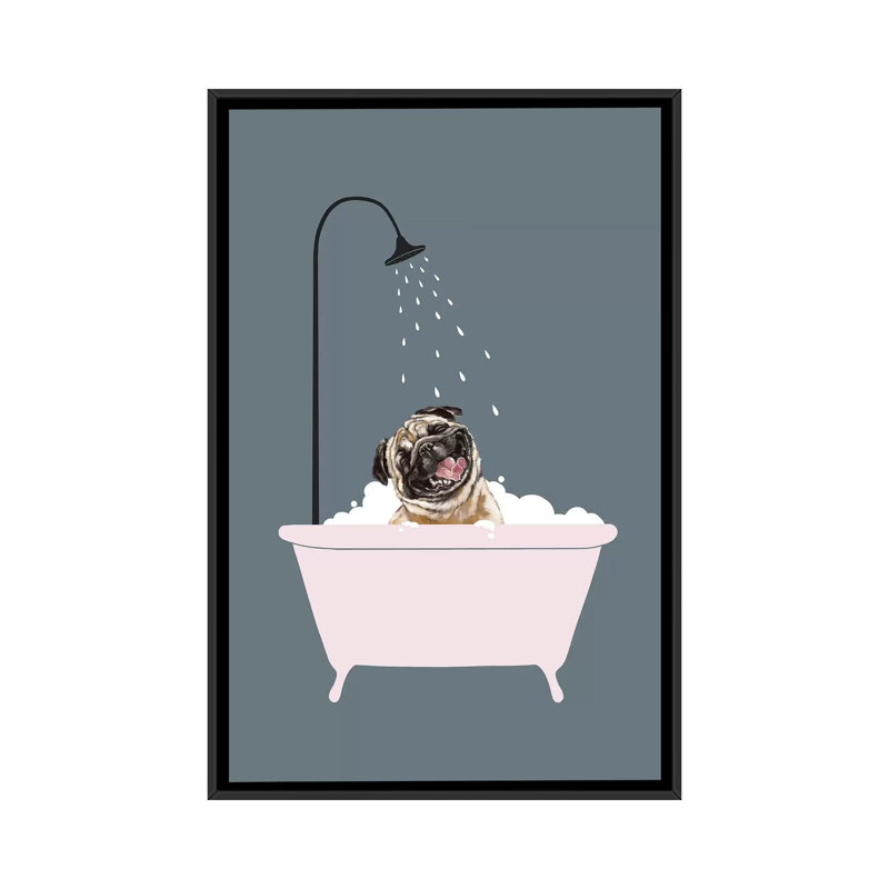 Art de salle de bain carlin à bulles rires, Toile avec cadre noir, H 26 po x l 18 po x P 1,5 po