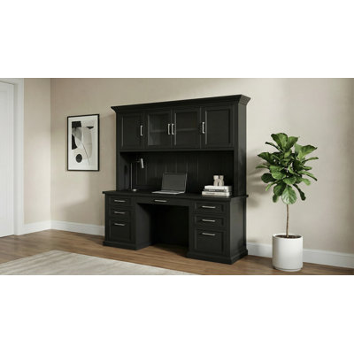 Modern Wood Hutch with Doors and Credenza Desk - Black