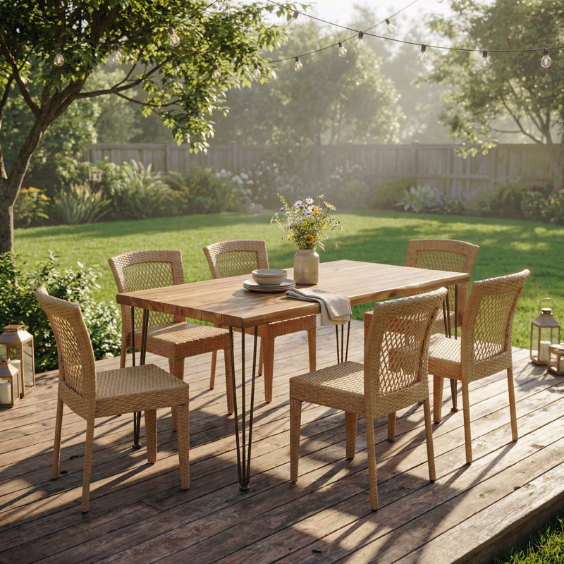 7 Pcs Outdoor Dining Set For 6, Rectangular Table With Acacia Wood Top & Chairs, 72" Large Modern Furniture Set For Patio, Deck, Backyard, Porch,Teak + Light Brown