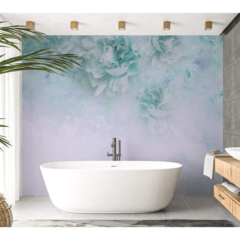 Adhésif mural pelez et collez - composition florale turquoise clair, L 55 po x l 77 po