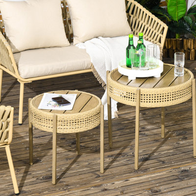 Table de bout Pe Patio, 2 pièces, table basse d'extérieur avec lattes en métal, Fascinant, tables brunes, plateau rond, pour tous les temps