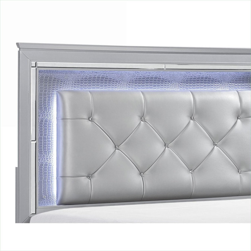 Pour lit double de luxe pour chambre principale de luxe, lit tapissier argenté doux avec tête de lit à DEL