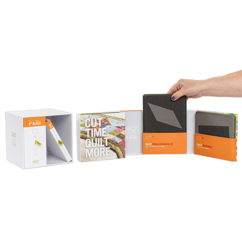 AccuQuilt GO! Bloc Qube Mix and Match de 9 pouces avec 8 formes matelassées, tapis de découpe, vidéos, boîte de rangement et livret de 14 motifs