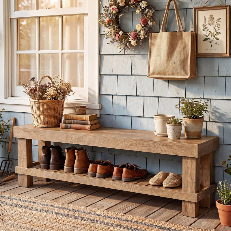 Banc de rangement pour chaussures 63 pouces avec tablette à lattes Farmhouse