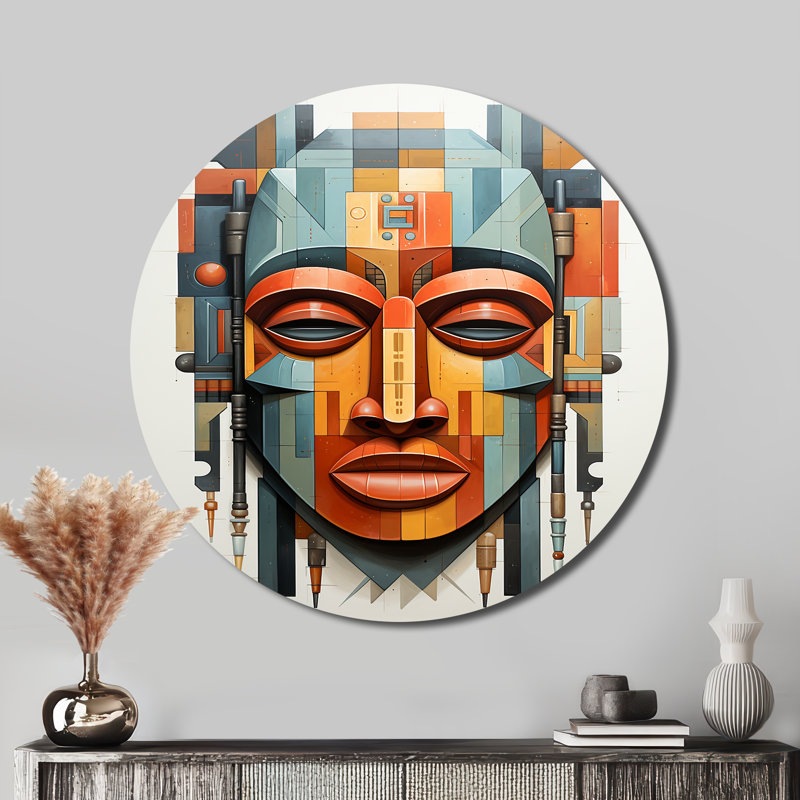 Masque tribal africain Kente I - Art rond en métal, H 23 po x l 23 po