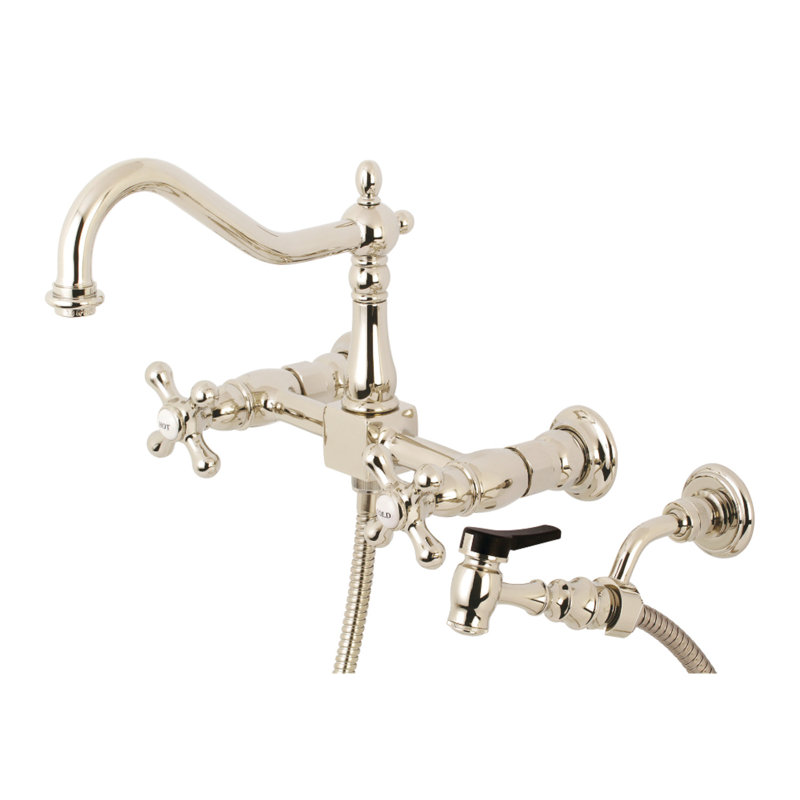Kingston Brass Heritage Double-Handle Wall-Mount Bridge Kitchen Faucet, With Side Spray, Polished Nickel