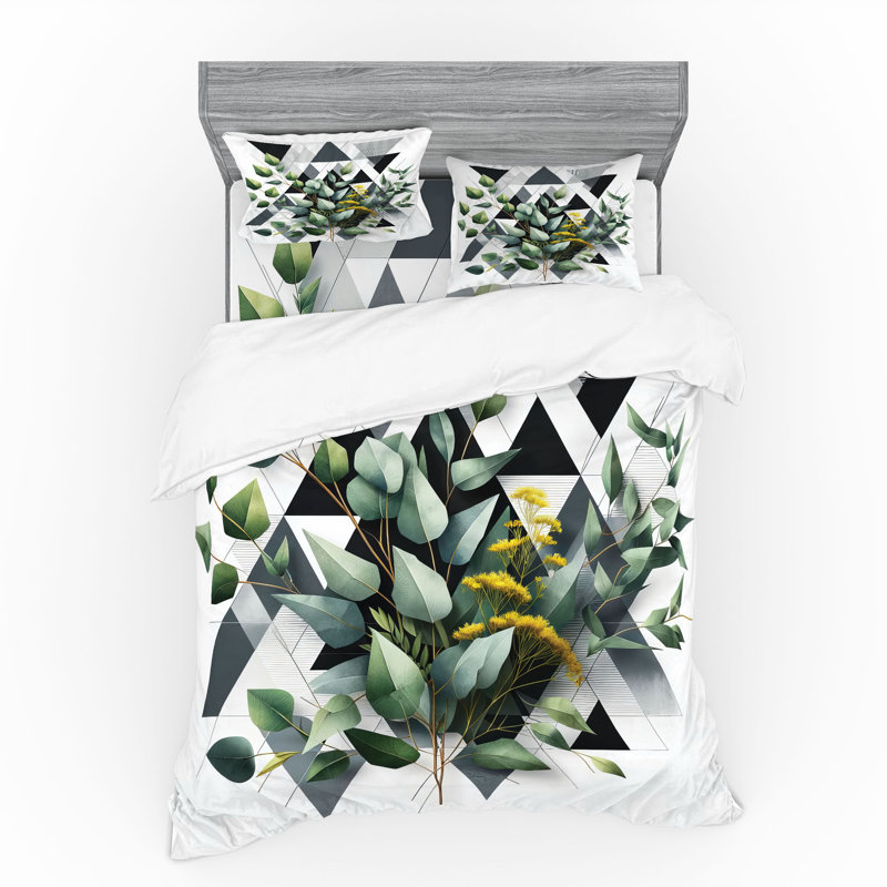 Ensemble de literie à feuilles d'eucalyptus Ambesonne et bleu foncé, gris et vert