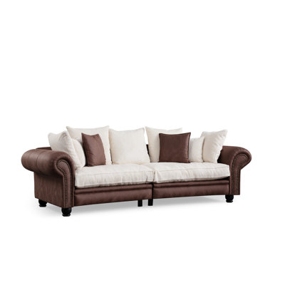 Modern 3-Seat Sofa with Beech Wood Frame & Wooden Legs, 118.1 x 45.3 x 31.5 inches | 100% Polyester Fabric, Soft Grey Foam & Feather Cushions | 9 Included Pillows, Stylish Brown & White Design for Living Room