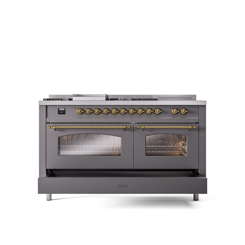 ILVE Nostalgie II 60 Dual Fuel Range, 5 Burners, Griddle, Frenchtop , Natural Gas, Graphite Matte/Brass