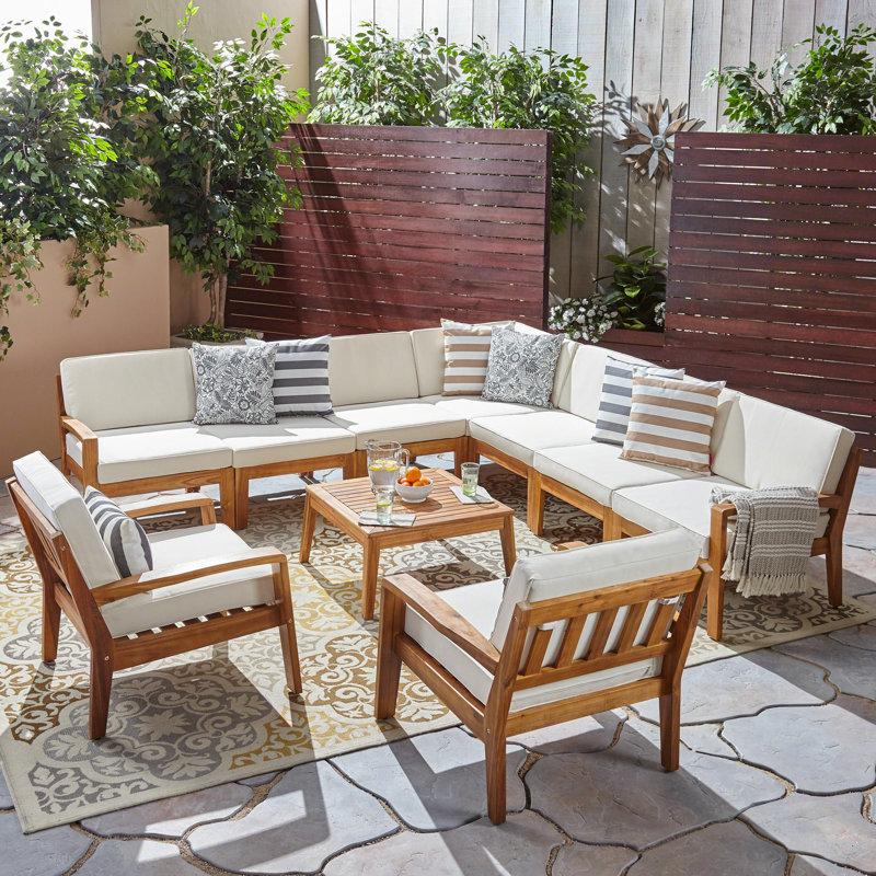 Ensemble de conversation modulaire avec coussins 10 pièces Pazel, Structure teck / coussin beige