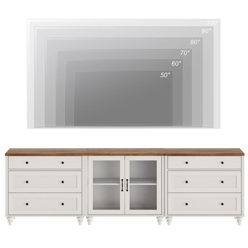Farmhouse TV Stand, 3-In-1 TV Console Table For 75/80/85/90 Inch TV, Entertainment Center With Drawer & Glass Door