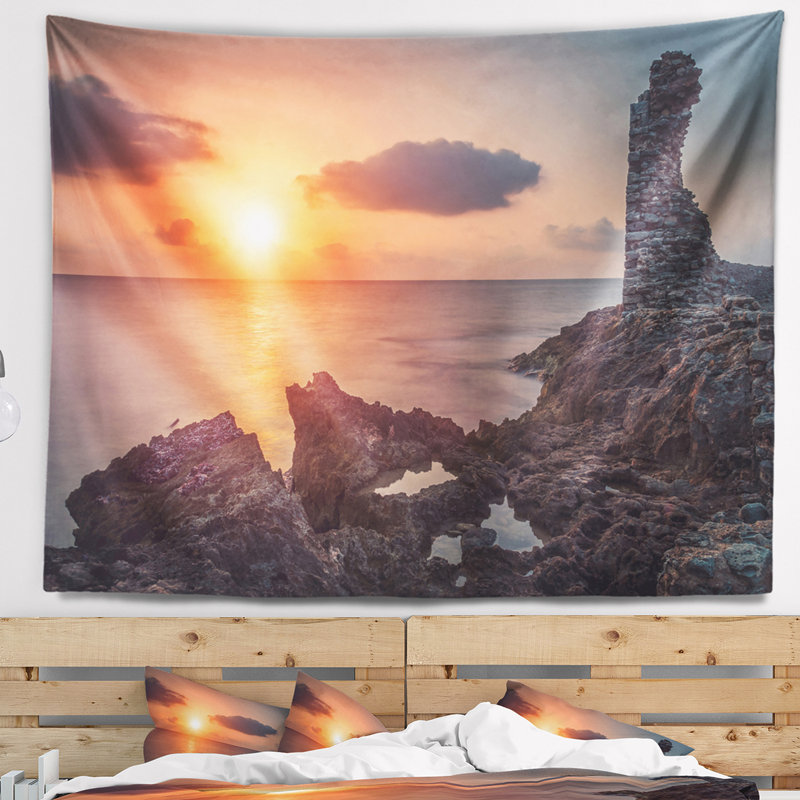 Plage, ruines antiques d'Afrique, bord de mer, tapisserie, H 32 po x l 39 po