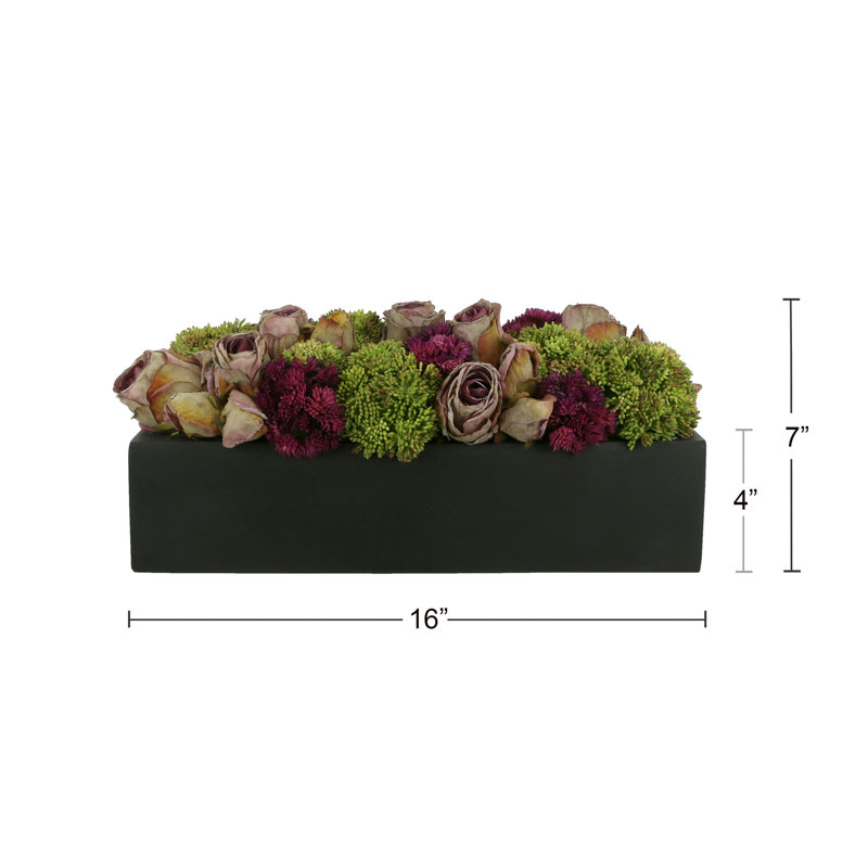 Assortiment de pots de fleurs et roses en fibre de pierre, H 7 po x l 16 po x P 8 po, Noir