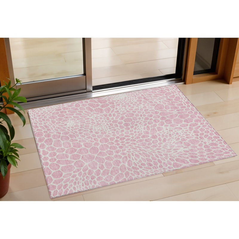 3' X 5' Pink And Ivory Geometric Washable Indoor Outdoor Area Rug
