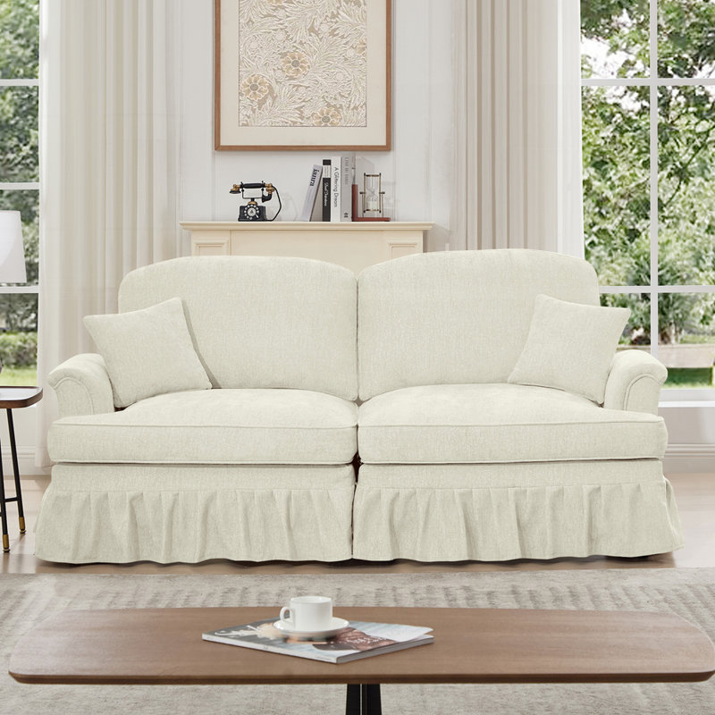 Canapé polyvalent en chenille avec volants détachables et plusieurs configurations pour une vie moderne, Beige + blanc