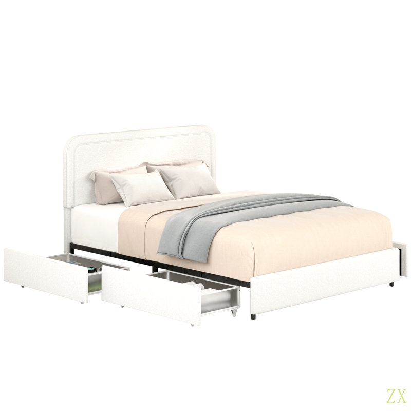 Grand lit plateforme tapissier Boucle avec rangement breveté à 4 tiroirs, tête de lit capitonnée à coutures courbées, support de matelas à lattes en bois, aucun sommier requis