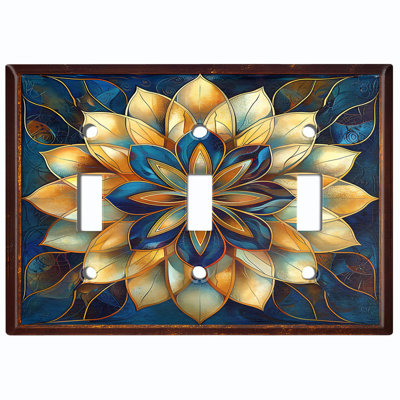 Metal Light Switch Plate Cover; US Standard Size 3 Gang Toggle - Stained Glass Print Floral Mandala