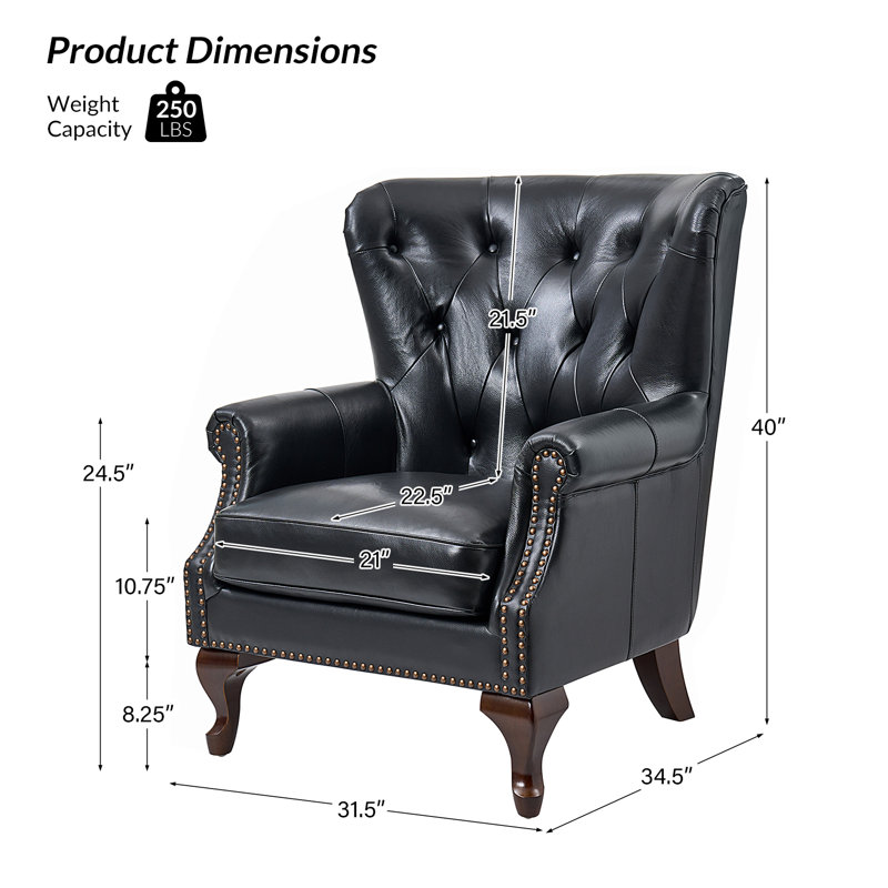 Ansumana 31.5" W Genuine Leather Club Chair with Wing Back, Black