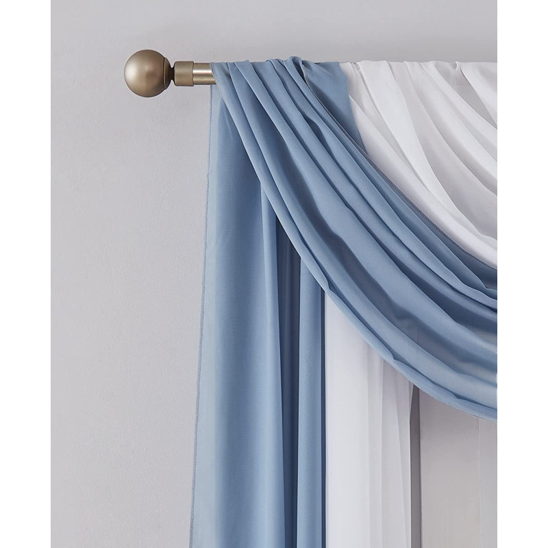 Candida Sateen Sheer Window Scarf Pair, 35" W X 216" L, White/Dusty Blue