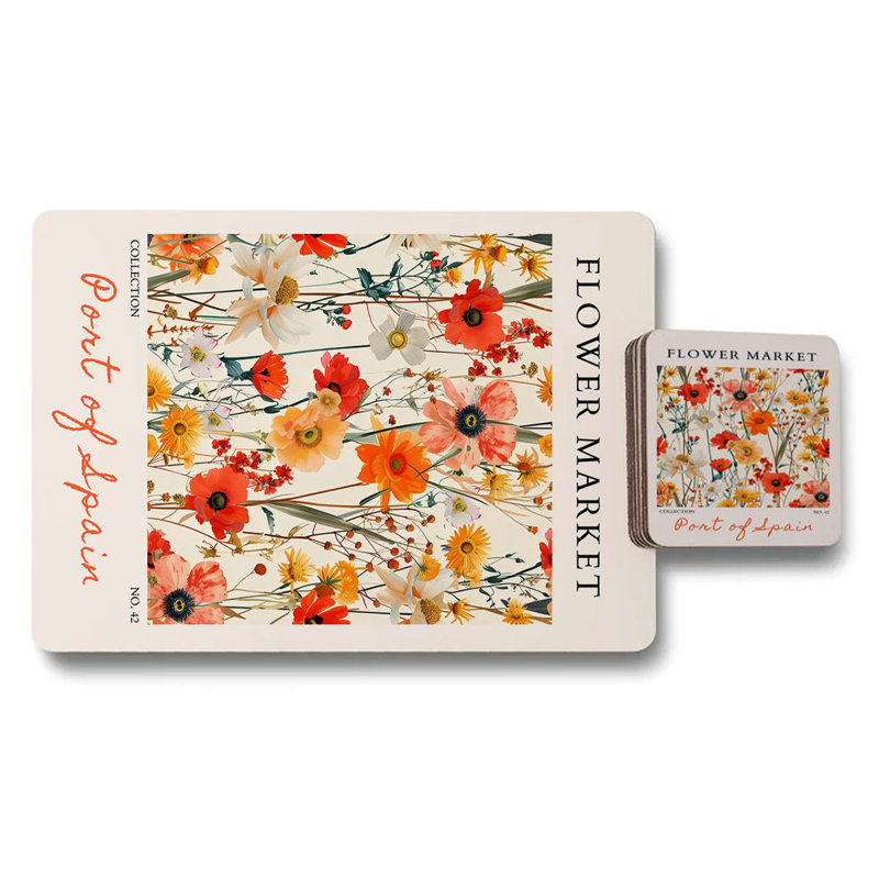 Port Of Spain Flower Market Placemat Coaster Set Wood Bottom Exclusive Collection