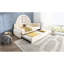Lit escamotable simple en velours beige, structure à lattes en métal, espace, lit de repos confortable, idéal pour les petits espaces