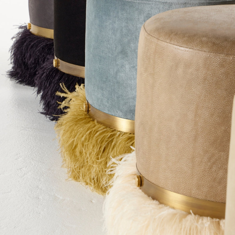 Leather Ostrich Fluff Pouf, Taupe/Cream
