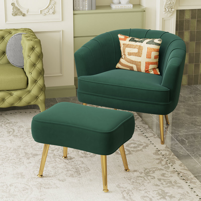 Latonia Upholstered Barrel Chair with Ottoman, Green Velvet