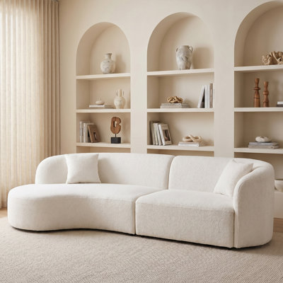 126.37" Large Curved Boucle Sofa with Left Chaise, Modern Cream Style 2-Piece Sectional, Beige Deep Seat Couch with Solid Wood Frame, No Assembly for Living Room