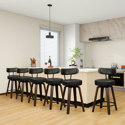 Swivel Counter Height Bar Stools Set of 6, Faux Leather Kitchen Stools Upholstered Barstools with Back, Walnut Wood Legs, Mid Century Island Chairs Counter Stools, 26" Seat Height