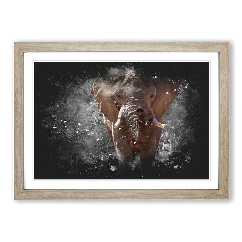 Elephant Vol.1 Paint Splash - Picture Frame Graphic Art, Oak, 65cm H x 90cm W x 2cm D