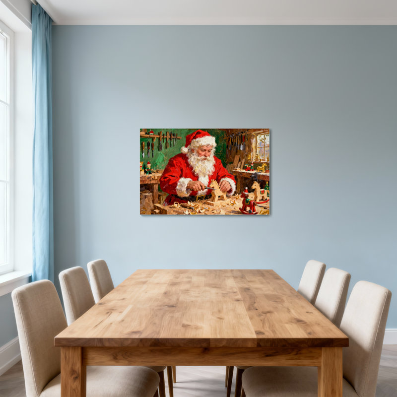 Père Noël de Noël fabriquant des jouets en bois dans un atelier, H 12 po x l 18 po