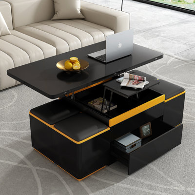 Table basse à plateau relevable avec tabourets de rangement, table centrale moderne avec plateau pliable, table basse réglable multifonctionnelle pour le salon