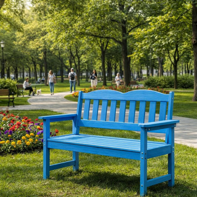 Weather-Resistant Blue Poly Lumber Garden Bench, 2-Person Outdoor Patio Loveseat with Heavy-Duty Slatted Seating for Yard, Porch, Park, or Backyard, Blue