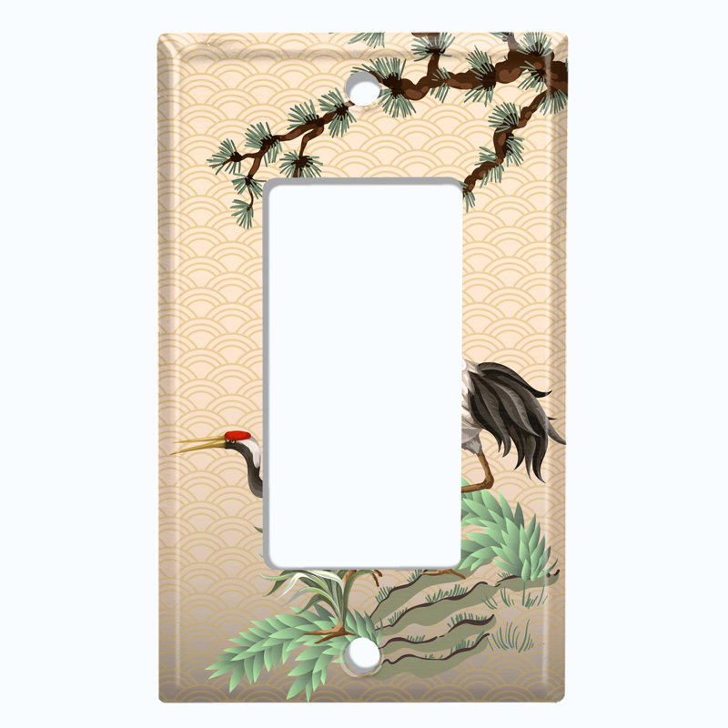 Couvercle de prise de courant en métal (deux élégants oiseaux orientaux blancs et beige Rolling Hills - bascule simple)