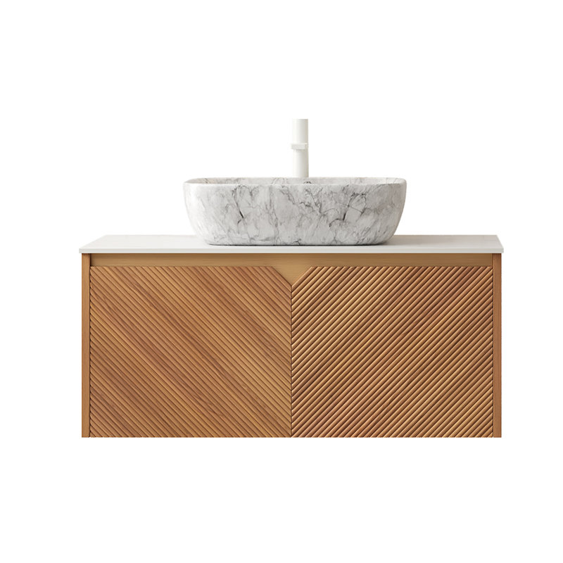 36" Bathroom Vanity: Floating Storage Cabinet, Twill - Double Doors, Ceramic Vessel Basin, White Sintered Stone Counter 36 Inch Vanity With Plywood, Decorated Marble