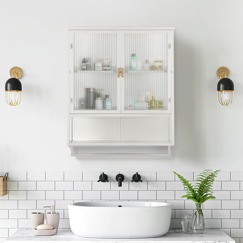 Glass Doors Modern Two-Door Wall Cabinet With Featuring Two-Tier Enclosed Storage, An Open Shelf, And Towel Rack