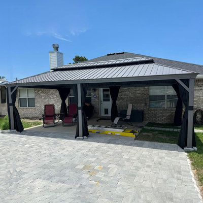 Pavillon de jardin extérieur en aluminium 12 pi x 24 pi à toit rigide mauve avec toit en acier galvanisé double pour terrasse et rideau de pavillon extérieur toutes saisons inclus, gris clair