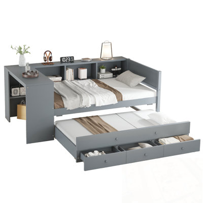 Twin Size Daybed with Trundle, Storage Drawers and Side Shelves