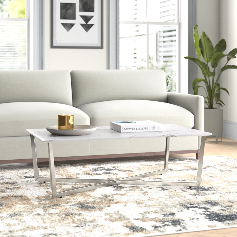 Pulcherie 47" Black And Silver Faux Marble Rectangular Coffee Table, White
