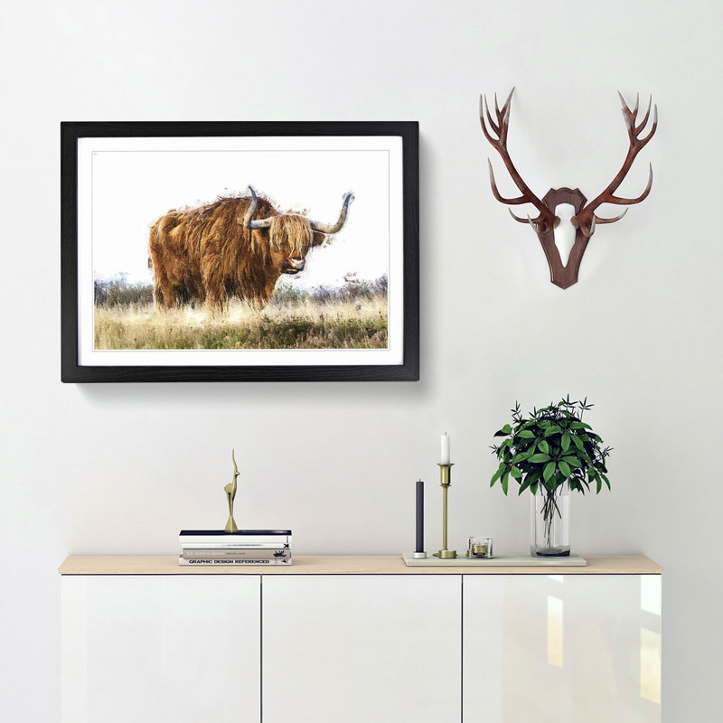 Majestic Highland Cow in Abstract - Picture Frame Painting Print, 27cm H x 36cm W x 2cm D, Black Framed