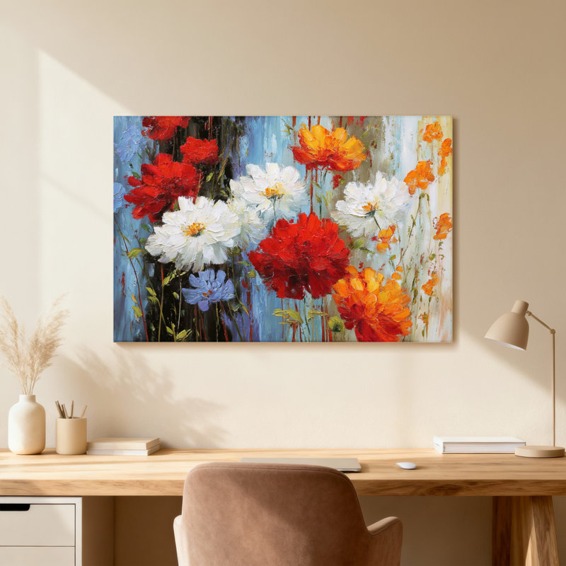 Arrangement floral de plantes et de fleurs avec des fleurs rouges, blanches et oranges, H 16 po x l 24 po, Toile tendue